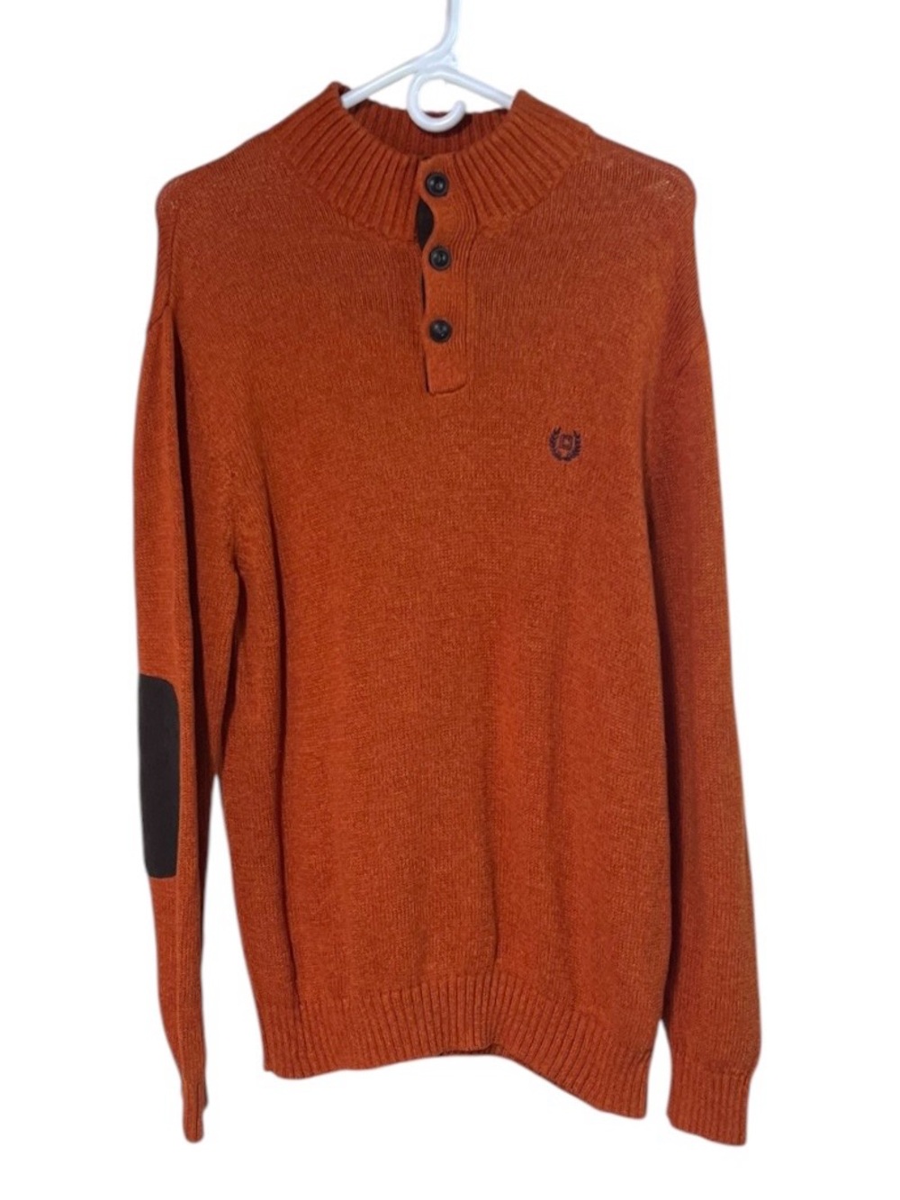 Chaps Mens Large Henley Elbow Pads Hunting Camp Orange Sweater 100% Cotton
